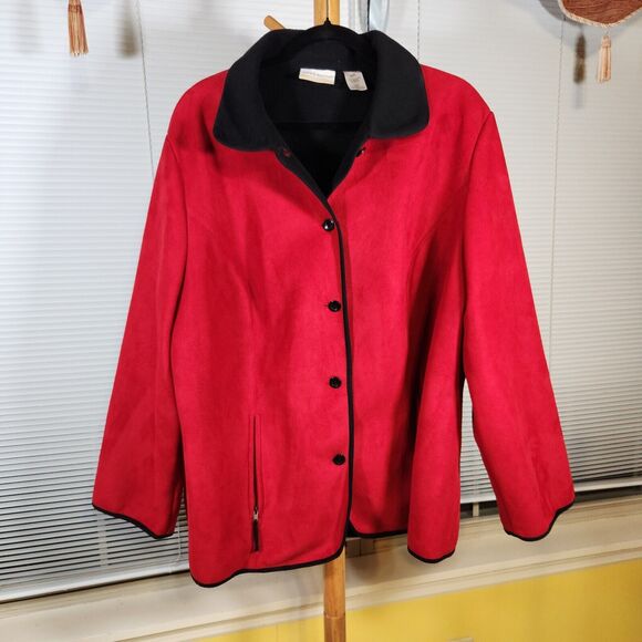 Alfred Dunner $95 22W Red Micro Suede Black Trim Button Up Zip Pockets Coat - Picture 1 of 6